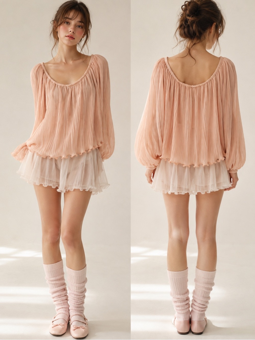 Lush Peach Plisse Pleated Off-Shoulder Coquette Romantic Feminine Blouse Large